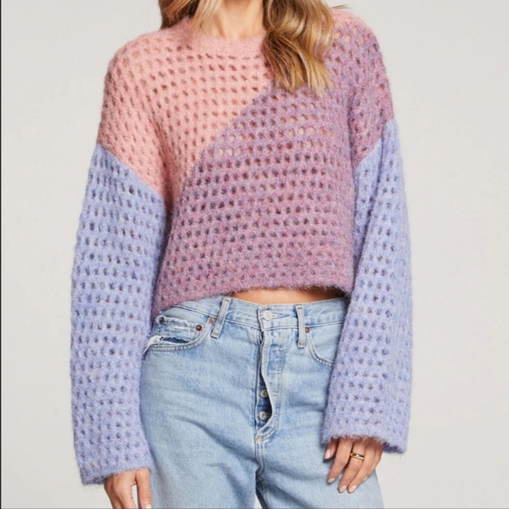 Saltwater Luxe Kourt Colorblock Ooen Weave Crop Sweater Size S Wool Blend Spring - Picture 2 of 12